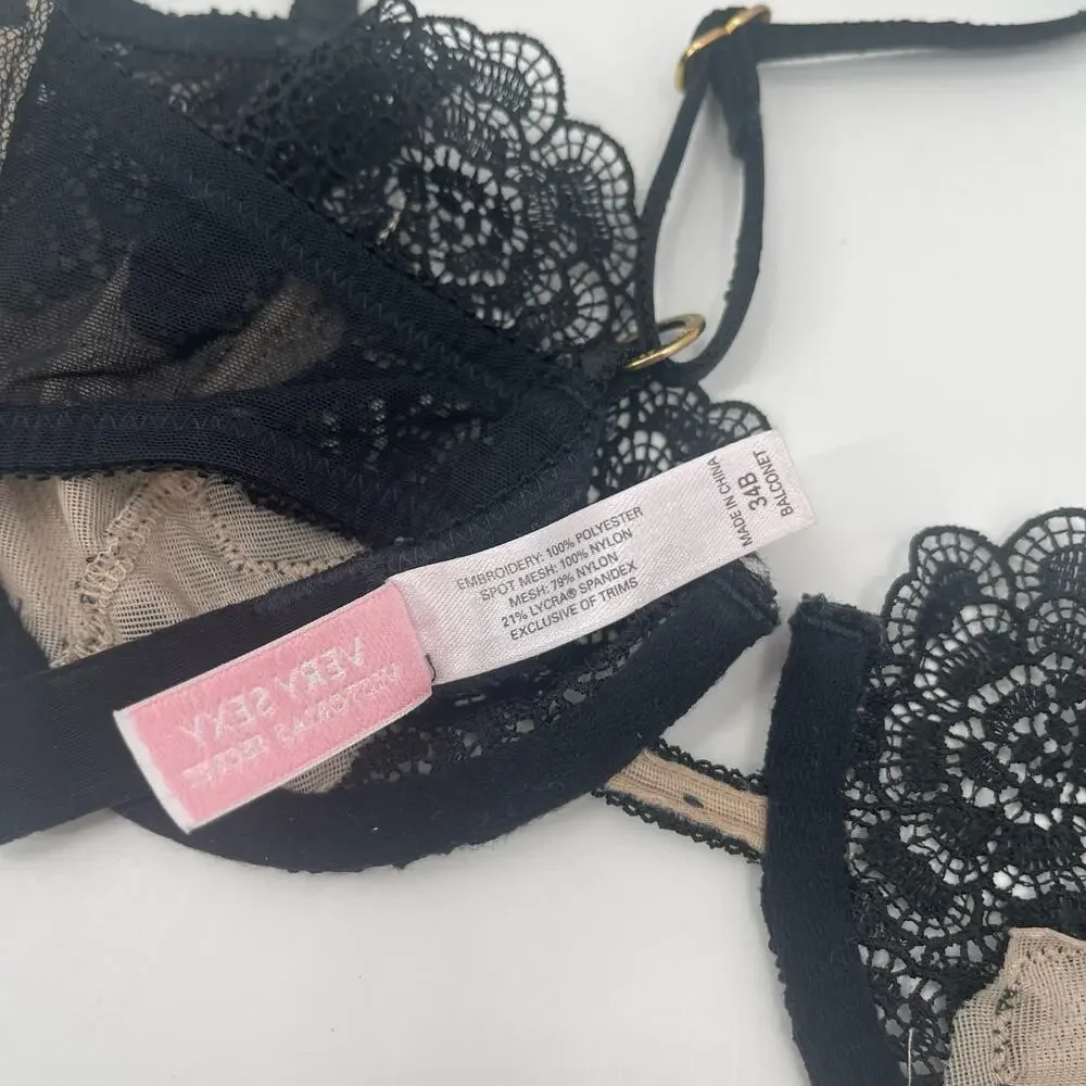 VICTORIA'S SECRET Bra Size 34B Very Sexy Y2K 2000s Balconet Lace Mesh Lingerie